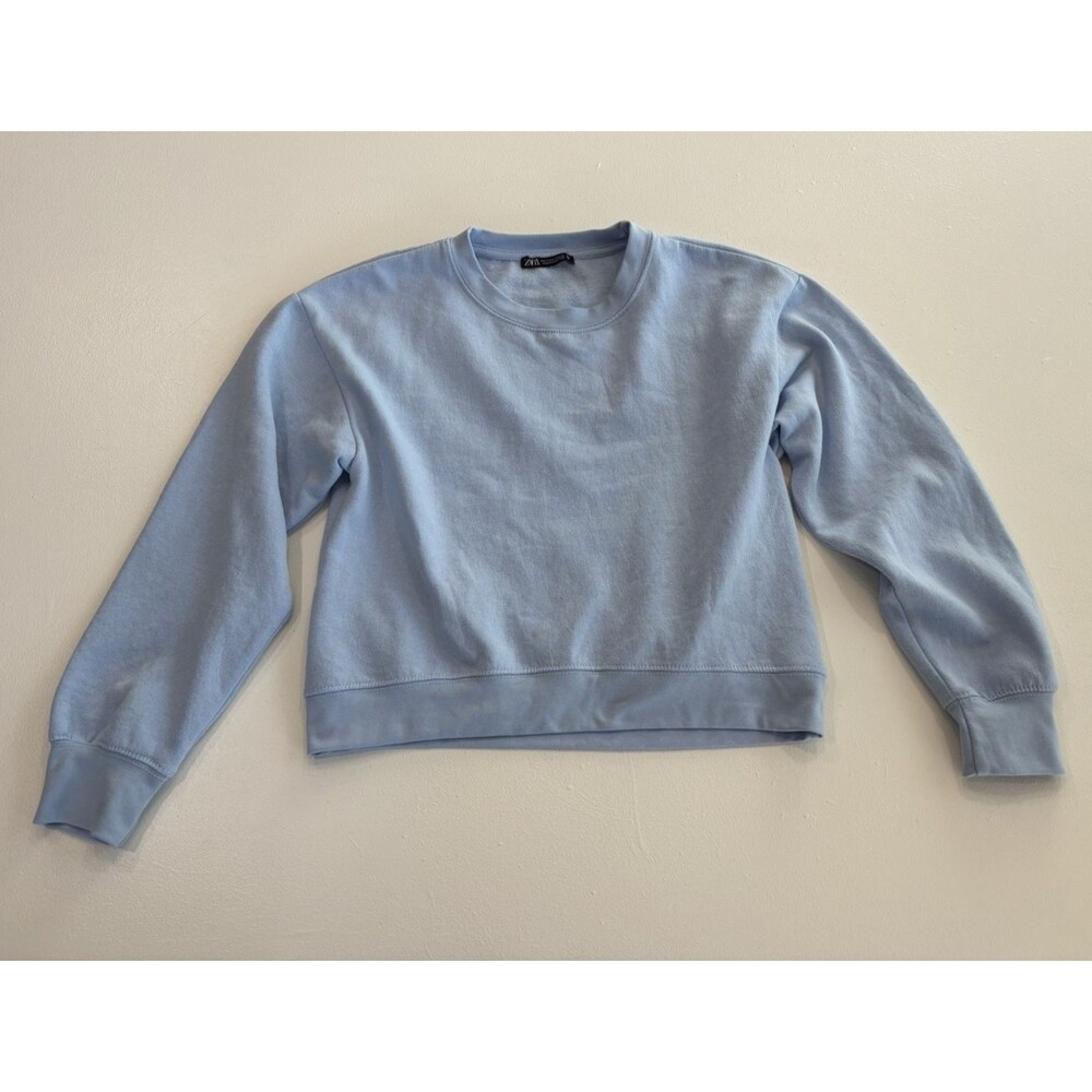 Zara S Light Blue Crewneck Cropped Sweatshirt